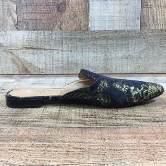 Franco Sarto Black Gold Baroque Russo Mules Womens 6M‎ Pointed Toe Flats Slides - Picture 4 of 12